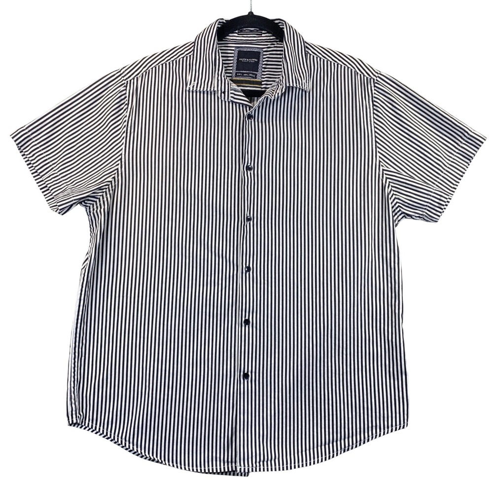 Denim & Flower Ricky Singh Mens Large‎ Black White Striped Button Up Shirt Short